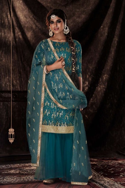 Soft net Embroidered Firozi Palazzo Suit with Dupatta