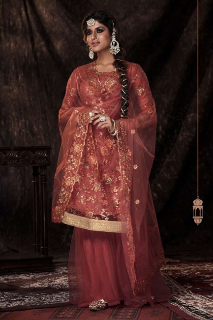 Embroidered Soft net Orange Palazzo Suit with Dupatta