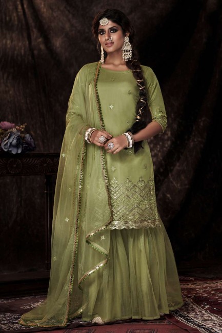 Embroidered Soft net Pista Palazzo Suit with Dupatta