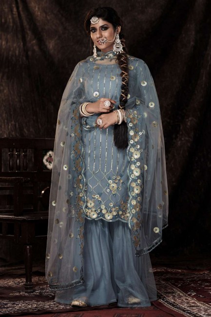 Grey Embroidered Soft net Palazzo Suit