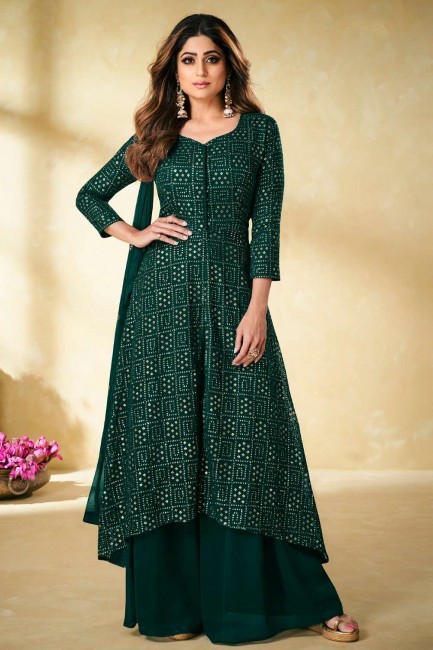 Embroidered Palazzo Suit in Green Georgette