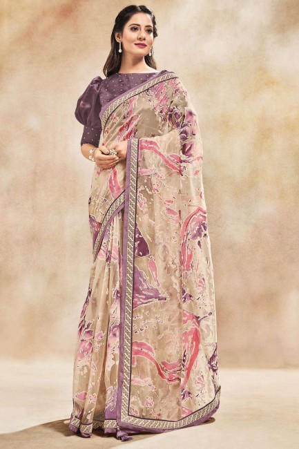 Beige Saree in Organza with Embroidered,printed