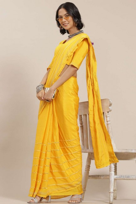 Mirror,embroidered Silk Mustard Saree with Blouse