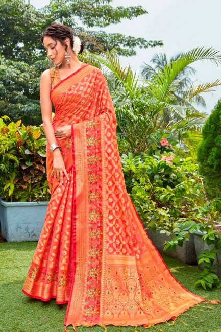 Red Weaving Saree in Cotton and silk