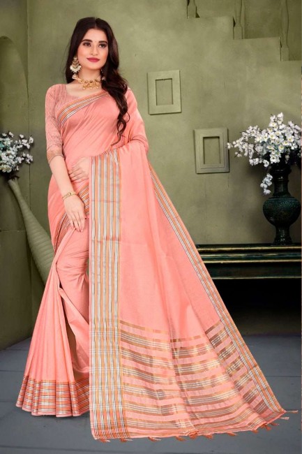 Cotton and silk Saree in Peach with Weaving