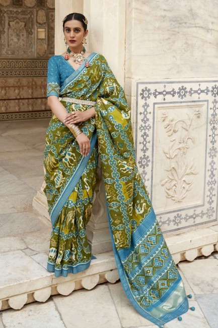 Zari,printed Patola silk Saree in Green