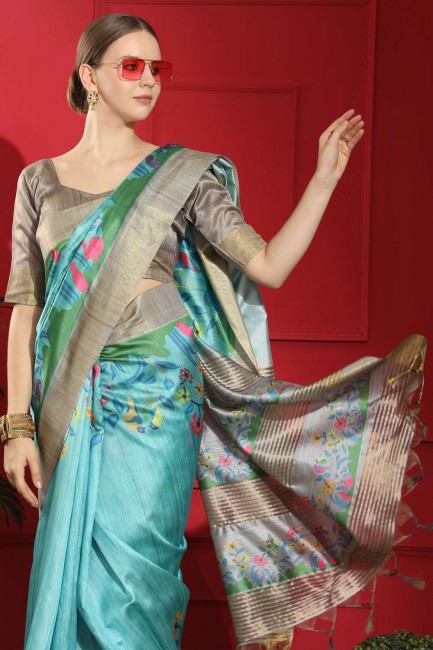 Blue Saree in Zari,printed Silk