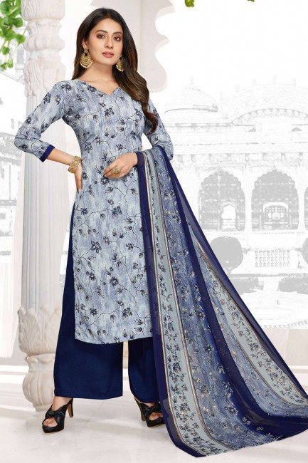 Blue Printed Crepe Palazzo Suit
