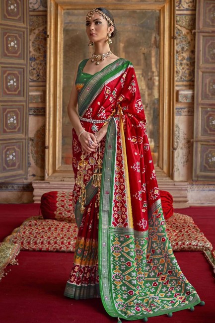Mirror,printed,lace border Patola silk Saree in Red
