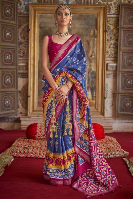 Blue Mirror,printed,lace border Patola silk Saree