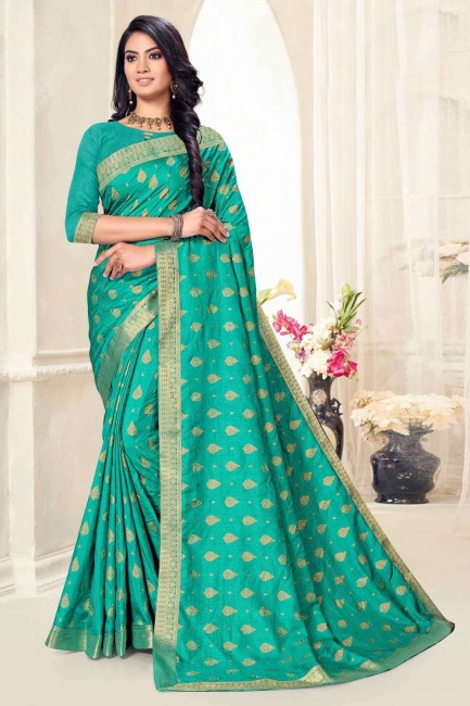 Turquoise green Saree with Printed Silk