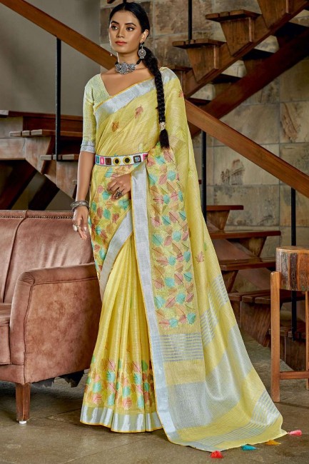 Resham,embroidered,lace border Saree in Yellow Linen