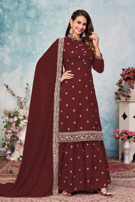 Maroon Embroidered Art silk Palazzo Suit