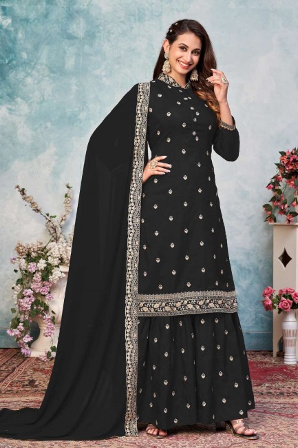Black Palazzo Suit in Art silk with Embroidered
