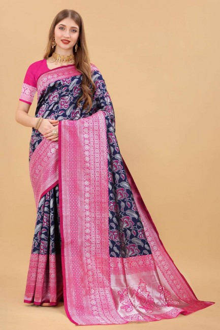 Blue Banarasi Saree with Zari,weaving Banarasi silk