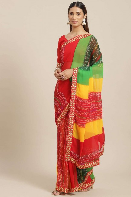 Red Embroidered,printed Georgette Saree
