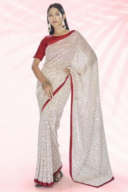 Thread,embroidered Saree in White Georgette