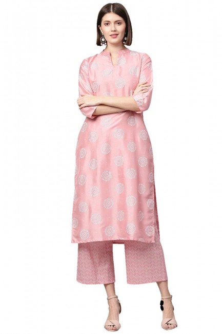 Palazzo Kurti in Pink Poly silk with Printed