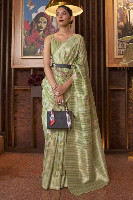 Linen Saree with Weaving in Green