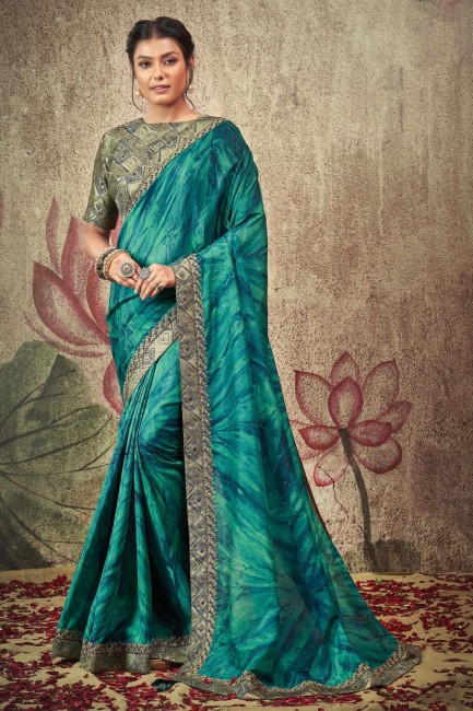 Zari,stone,embroidered Silk Saree in Teal  with Blouse