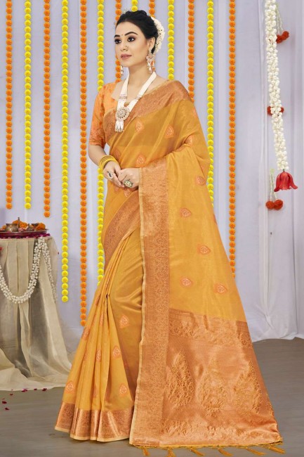 Weaving Organza Saree in Yellow with Blouse