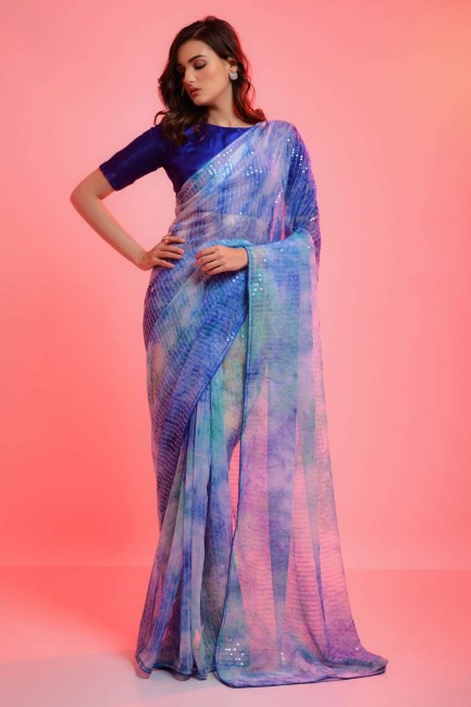 Blue Saree in Chiffon with Embroidered,printed