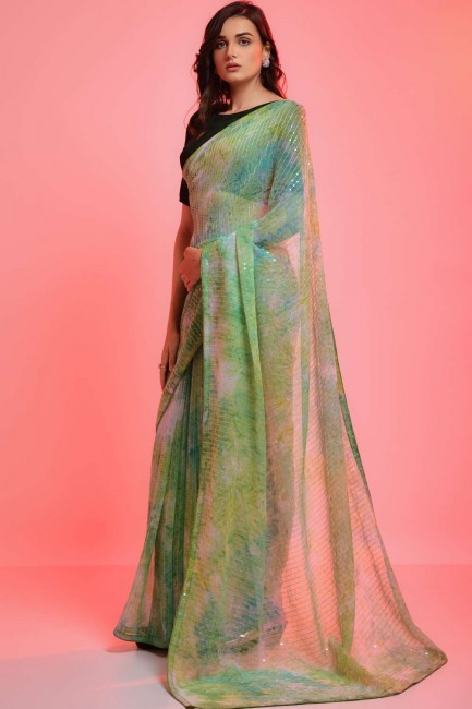 Pista Chiffon Saree with Embroidered,printed