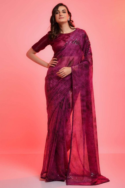 Saree with Wine  Embroidered,printed Chiffon
