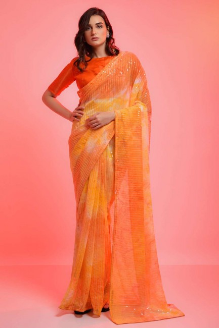 Saree in Yellow Chiffon with Embroidered,printed