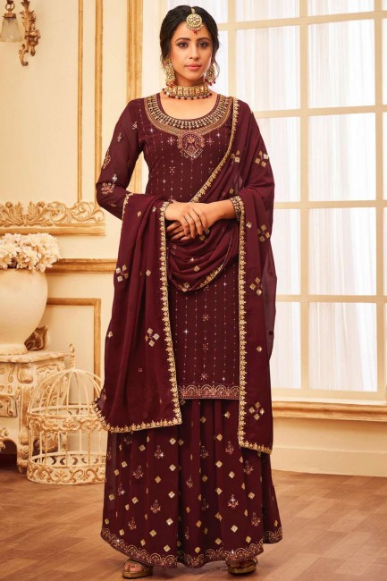 Embroidered Georgette Pakistani Suit in Maroon with Dupatta