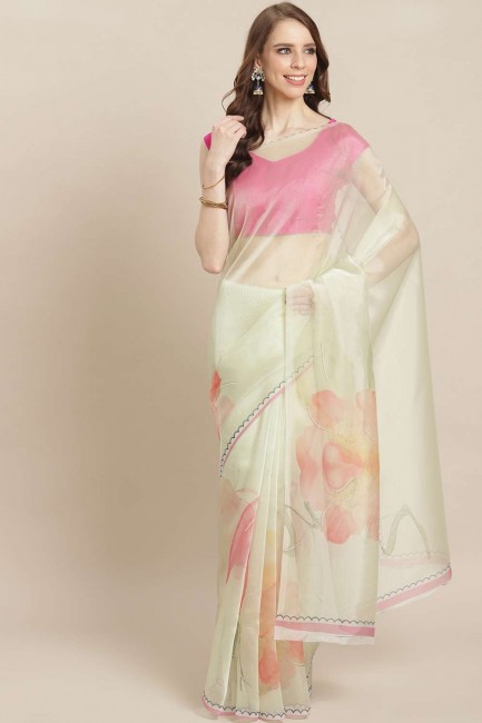 Off white Saree in Cotton with Printed