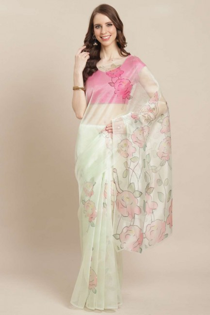 Off white Printed Saree in Cotton