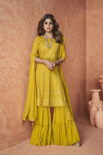 Embroidered Georgette Pakistani Suit in Yellow with Dupatta