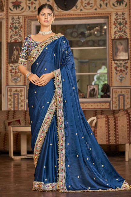 Zari,thread,embroidered Saree in Blue Organza
