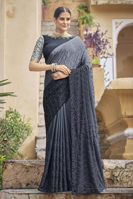 Saree in Grey Chinon chiffon with Thread,embroidered