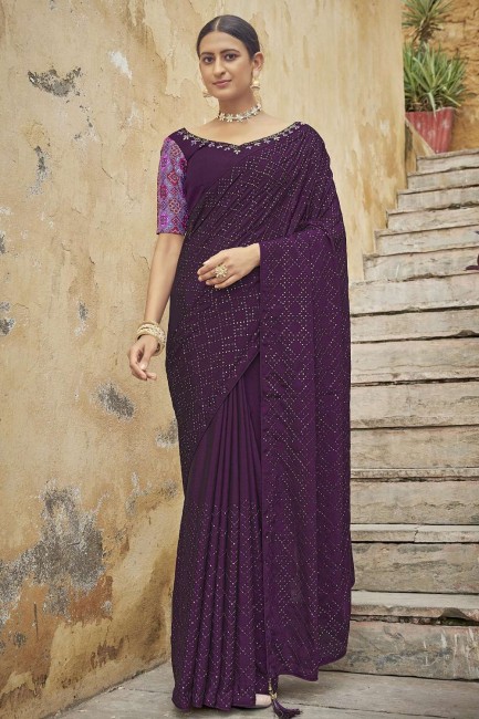 Purple Thread,embroidered Chinon chiffon Saree