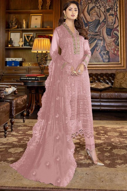 Pink Pakistani Suit in Embroidered Faux georgette