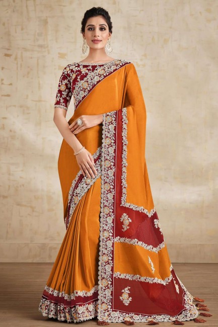 Georgette Saree in Orange with Stone,embroidered