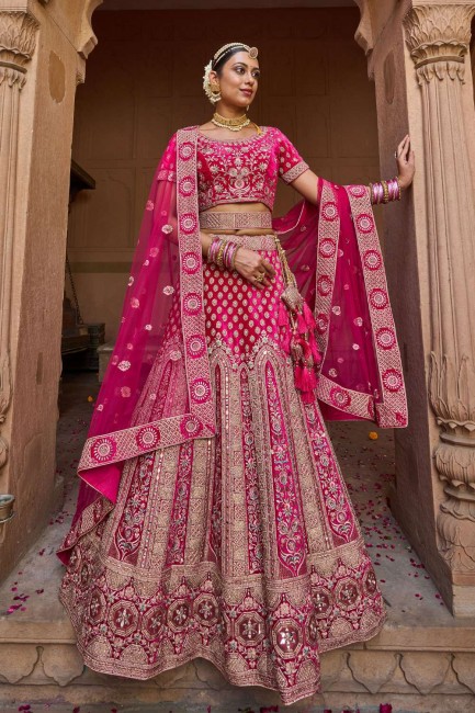Pink Bridal Lehenga Choli in Velvet with Embroidered