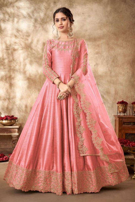 Embroidered Art silk Pink Anarkali Suit with Dupatta