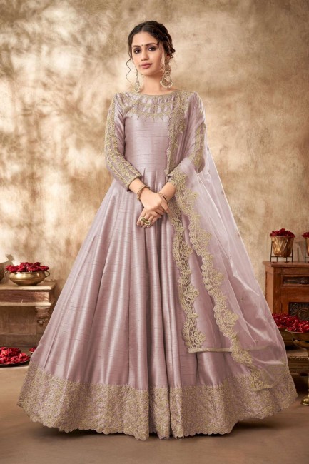Purple Anarkali Suit in Art silk with Embroidered