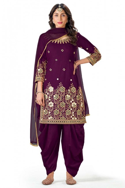 Purple Patiala Suit in Faux georgette with Embroidered