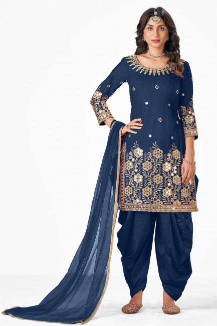 Embroidered Faux georgette Blue Patiala Suit with Dupatta