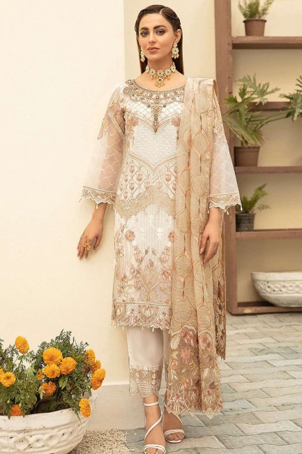 Georgette Pakistani Suit in White with Embroidered