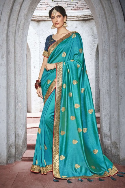 Zari,embroidered Silk Turquoise Saree with Blouse