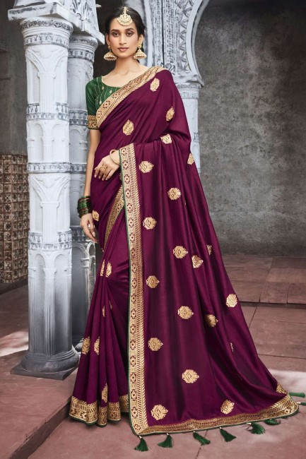 Zari,embroidered Saree in Wine  Silk