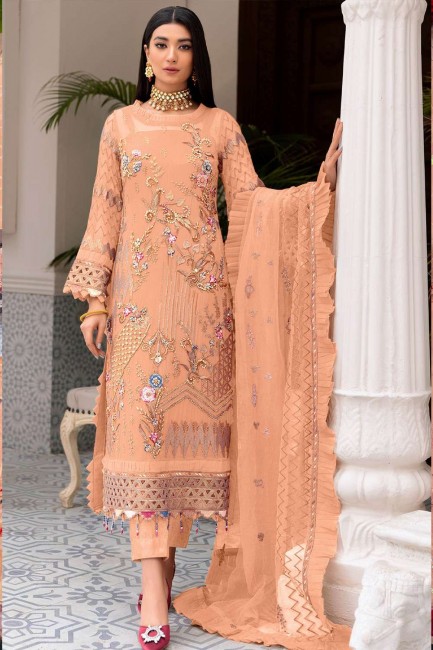 Orange Embroidered Pakistani Suit in Faux georgette