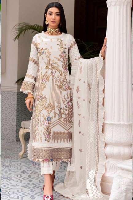 Pakistani Suit with Faux georgette Embroidered in White