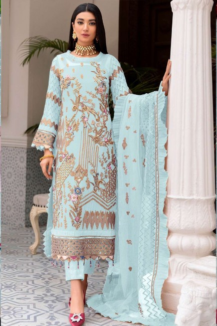 Faux georgette Embroidered Sky blue Pakistani Suit with Dupatta