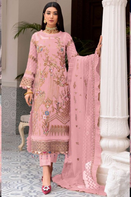 Pink Pakistani Suit in Pink Embroidered Faux georgette